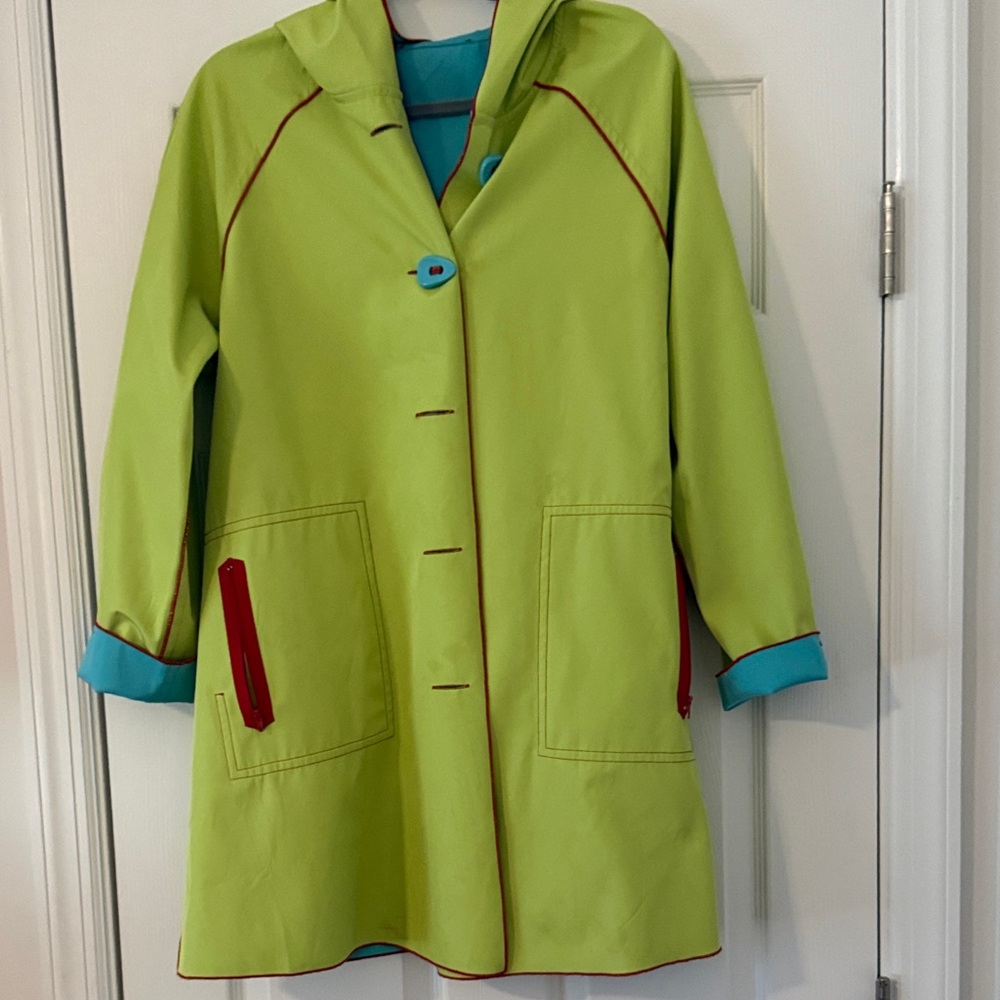 Women's Lime Green Hooded Trench Coat with Turquoise Lining Reversible.